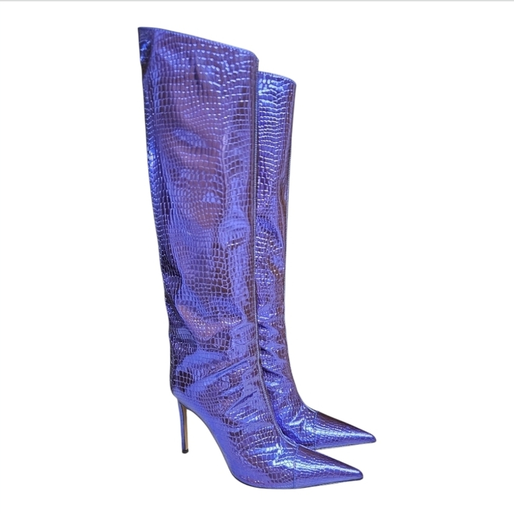 ALEXANDRE VAUTHIER | Metallic Blue Croc‑Embossed Patent Leather Knee‑High Boots
